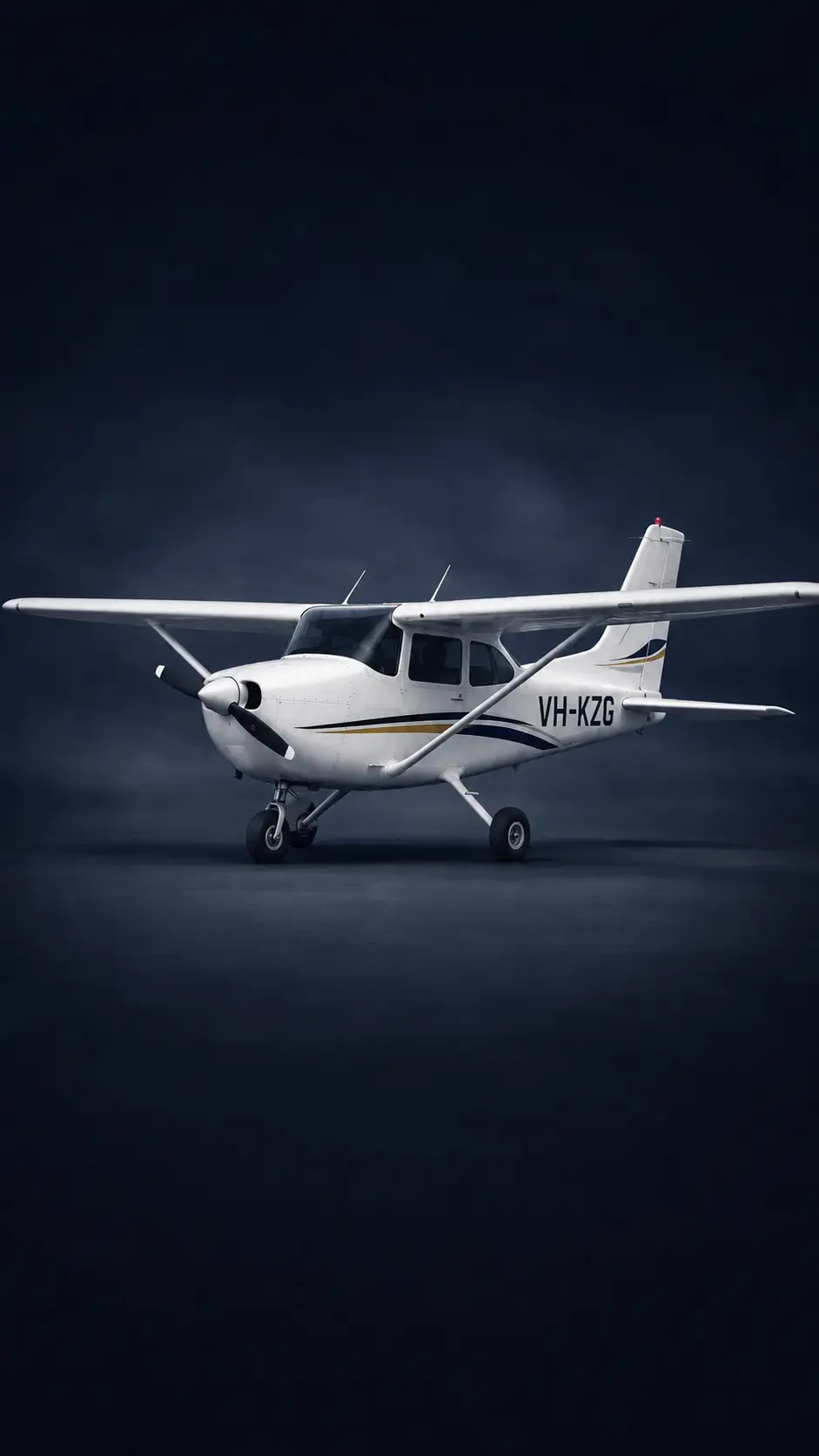 Cessna 172N parked on wet runway at dusk
